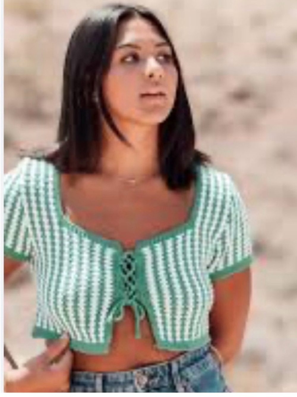Zara Green & Cream Knit Lace-Up Crop Top - Picture 7 of 10